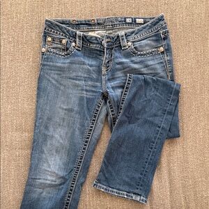 Miss Me Mid Rise Easy Straight Blue Jeans with Contrast Stitching